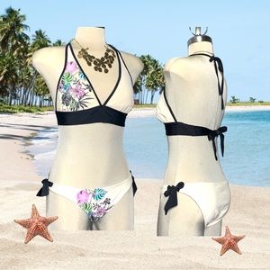 White And BlackFloral two pieces Bikini Swimsuit Size M